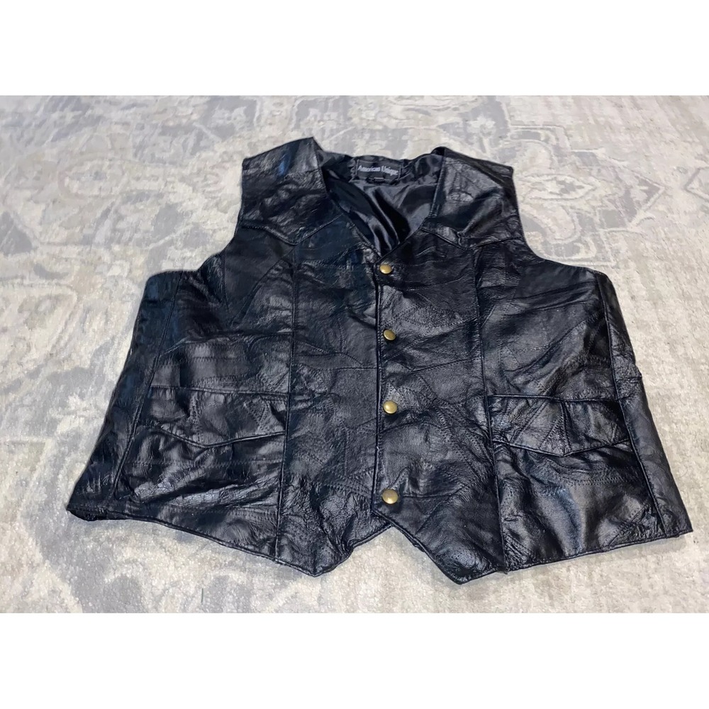 American Unique Sz XL X-large Mens vest black leather Snap Biker Patchwork‎